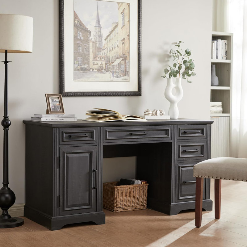 Ohana 58'' W Rectangle Computer Desk with Storage Cabinet and Drawers, Workstation for Office Home, Black