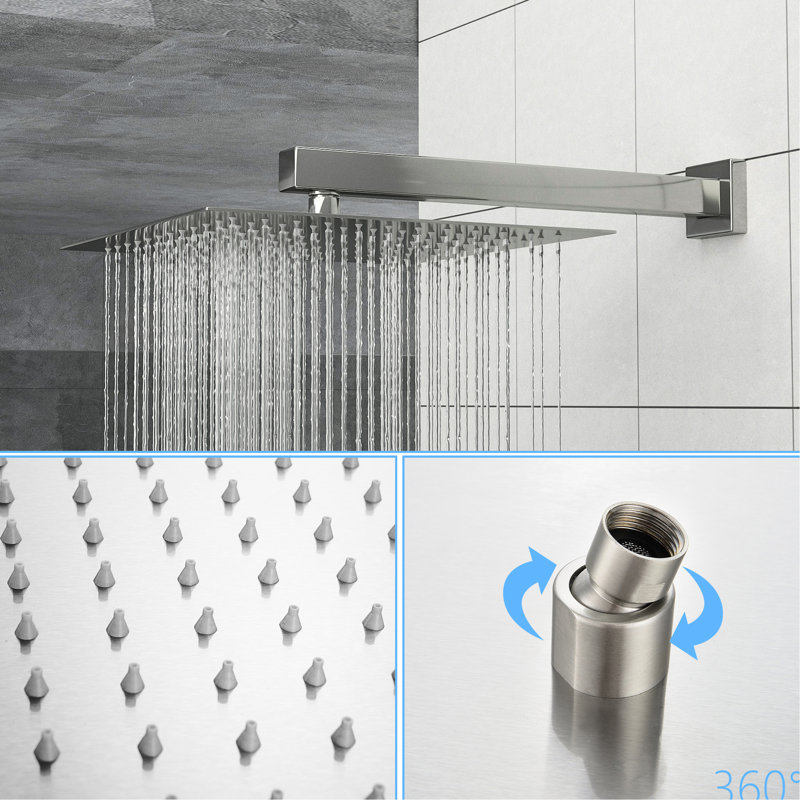 Système de douche mural carré de 10 pouces avec - soupape équilibrée, barre coulissante réglable, douche à effet pluie et à main, installation facile, tête en nickel brossé, double fonction 26,18 Scald,
