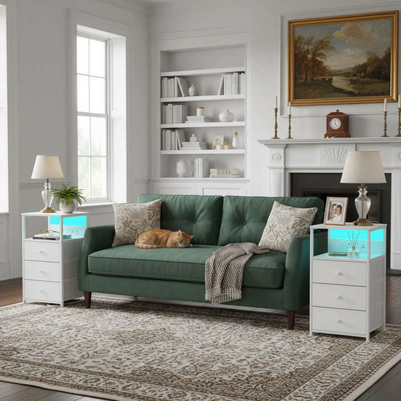 Night Stand Set 2, Led Nightstand With Charging Station, End Tables With Storage Shelf, Bed Side Table With 3 Fabric Drawers For Bedroom, Small Spaces