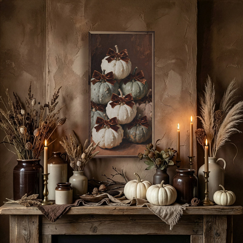 Brown Velvet Bow Mini Pumpkins, 16" H x 8" W