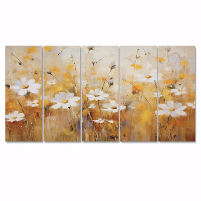 «White Marguerite Flower In Wheatfield I - Wildflowers», ensemble d'art mural 5 pièces
