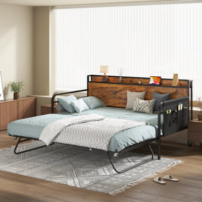 Twin Daybed with Trundle, Metal and Wood Daybed Frame with Charging Station, Storage Pockets, and Lockable Casters, No Box Spring Needed