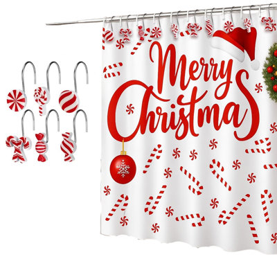 Ensemble de 13 rideaux de douche Christmas Cane pour décoration de salle de bain, l 72 po x H 72 po, menthe poivrée rouge et blanc avec 12 crochets