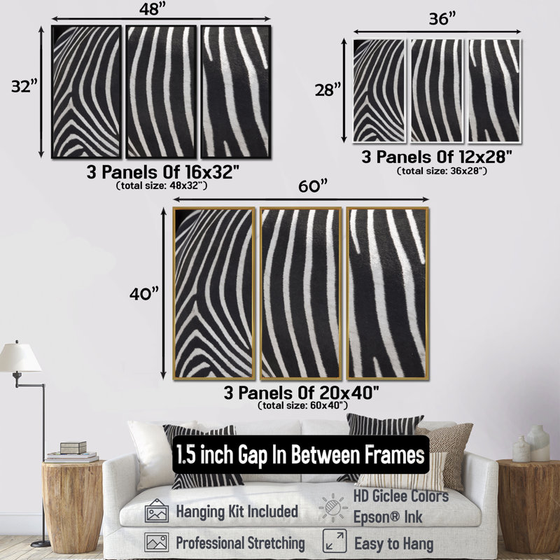 Détail de lignes de zèbre noires et blanches IV - ensemble transitionnel d'art mural sur toile encadré de 3, Argent argent