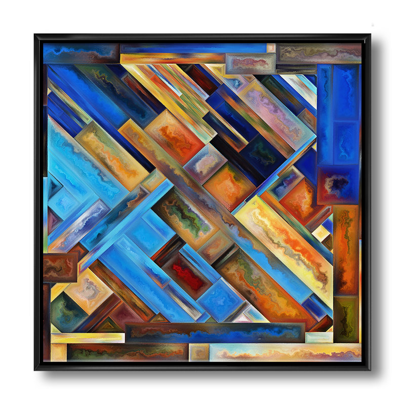 Formes géométriques en orange et bleu - reproduction sur toile flottante, H 30 po x l 30 po x P 1 po, Toile avec cadre noir