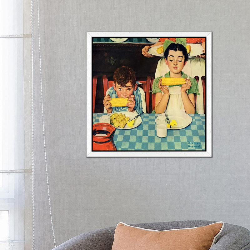 Who's Having More Fun Kids Eating Corn by Norman Rockwell - Painting on Canvas, 66.04 cm H x 66.04 cm W, White Framed