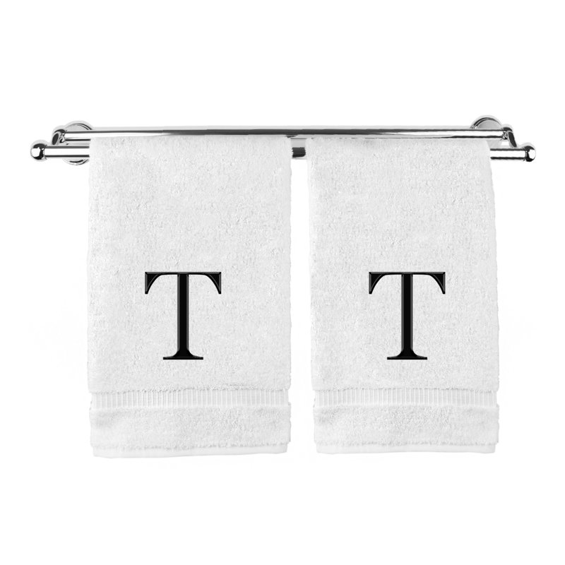 Essuie-mains monogrammés - ensemble de 2 - lettre bloc, T, Blanc / noir