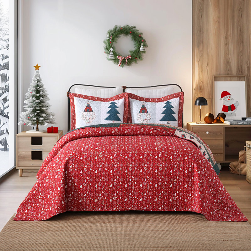 Ensemble de courtepointe de Noël légère en polyester 3 pièces 3 pièces, Courtepointe très grand et 2 très grandes taies 