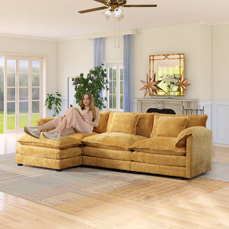 Eugenijus 112.2"W Modular Boucle Sectional, Yellow Boucle