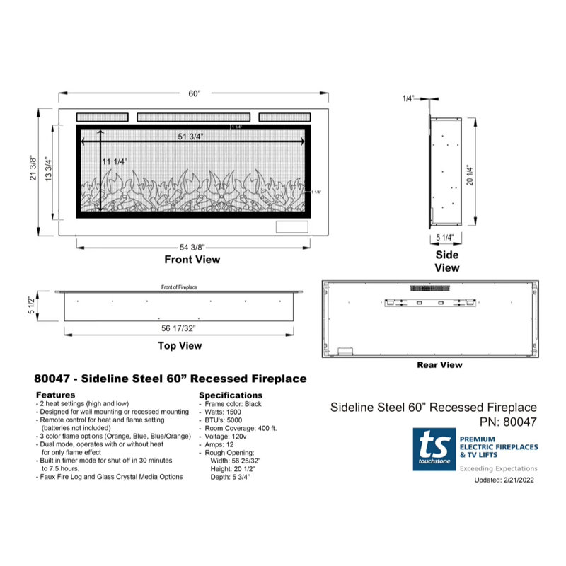 Sideline Recessed or Wall Mounted Electric Fireplace, 21.375" H x 60" W x 5.5" D