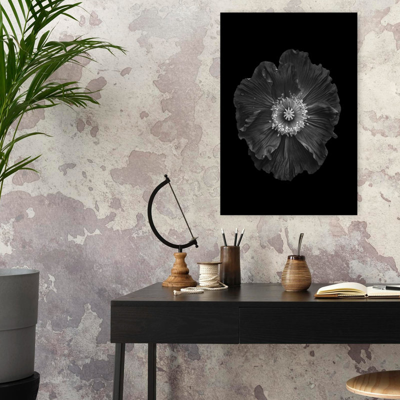 Art mural contemporain abstrait coquelicot noir et blanc, H 24 po x l 16 po
