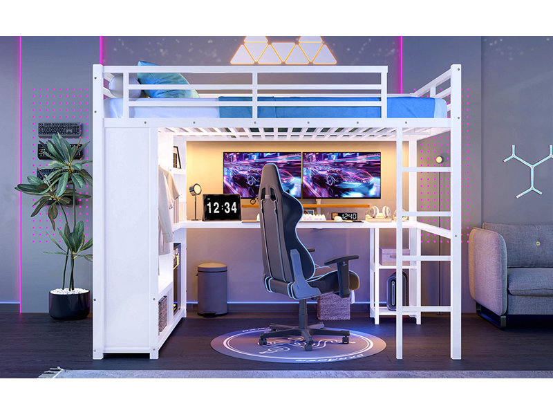 Lit mezzanine grand format avec garde-robe intégré, lit mezzanine en métal avec bureau et tablettes de rangement, blanc