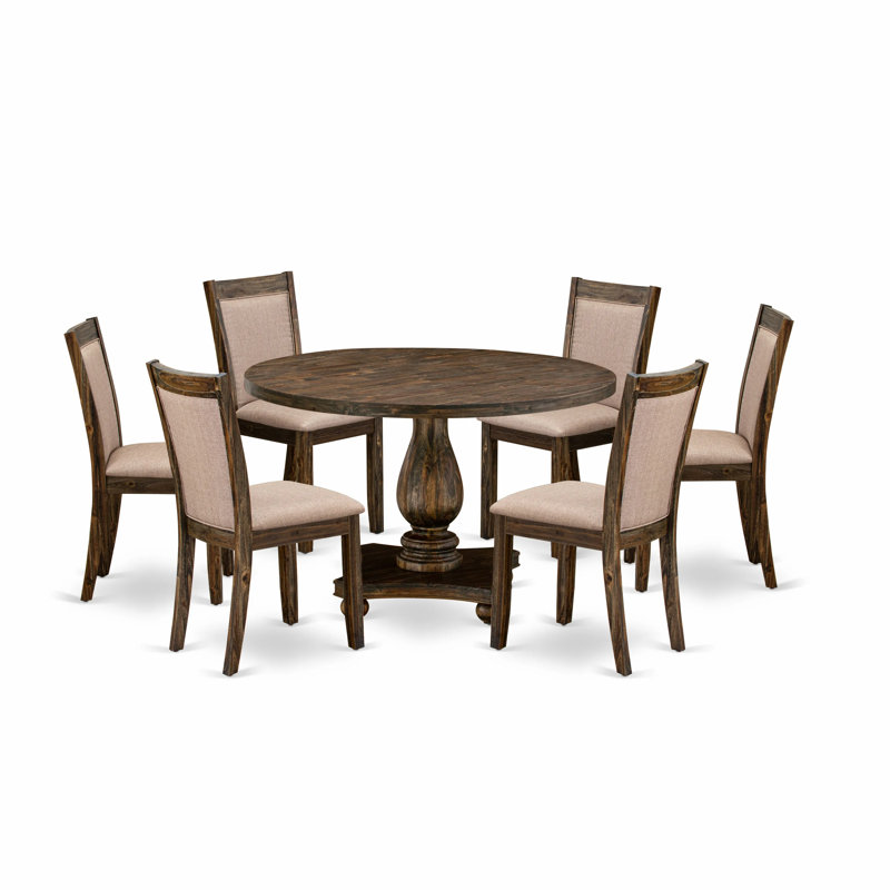7 Piece Dining Room Set Includes a Mid Century Dining Table and 6 Dark Khaki Linen Fabric Parson Chairs with High Back - Distressed Jacobean Finish