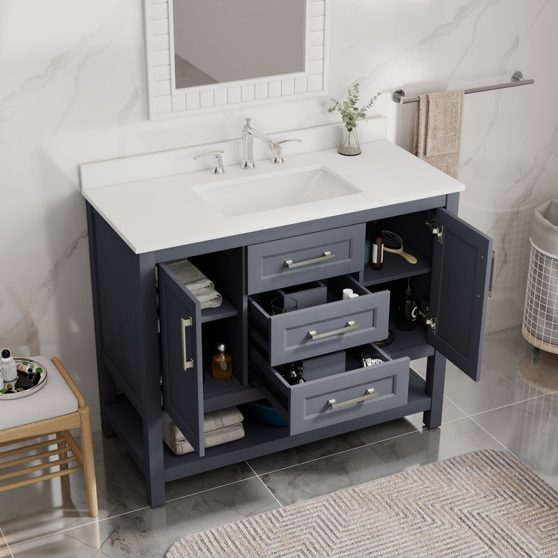 Meuble-lavabo simple 41 po avec comptoir en pierre d'ingénierie blanche Bombay, dosseret et tablette ouverte