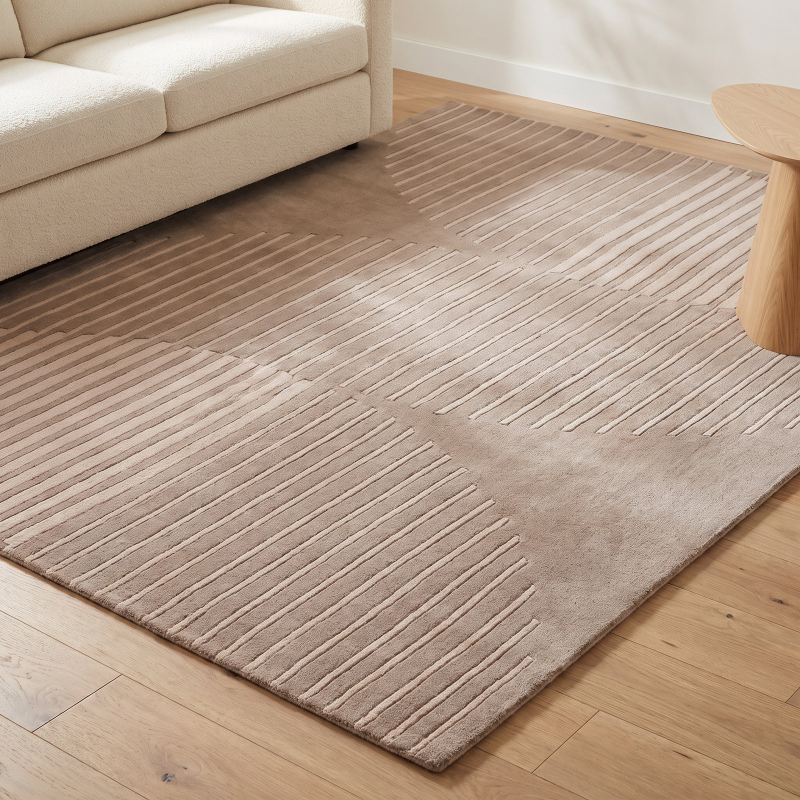 Beige Hand-Tufted Striped Wool Rug, Rectangle 6' x 9'