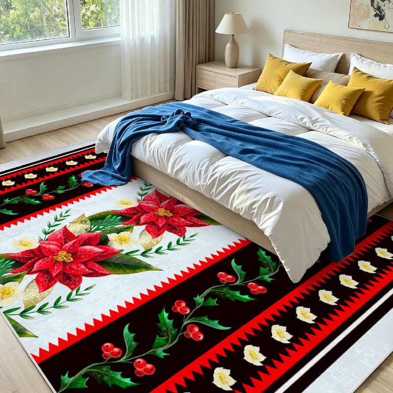 Tapis d'intérieur lavable à la machine, bordure de Noël à fleurs dorées, Rectangle 79 po x 118 po
