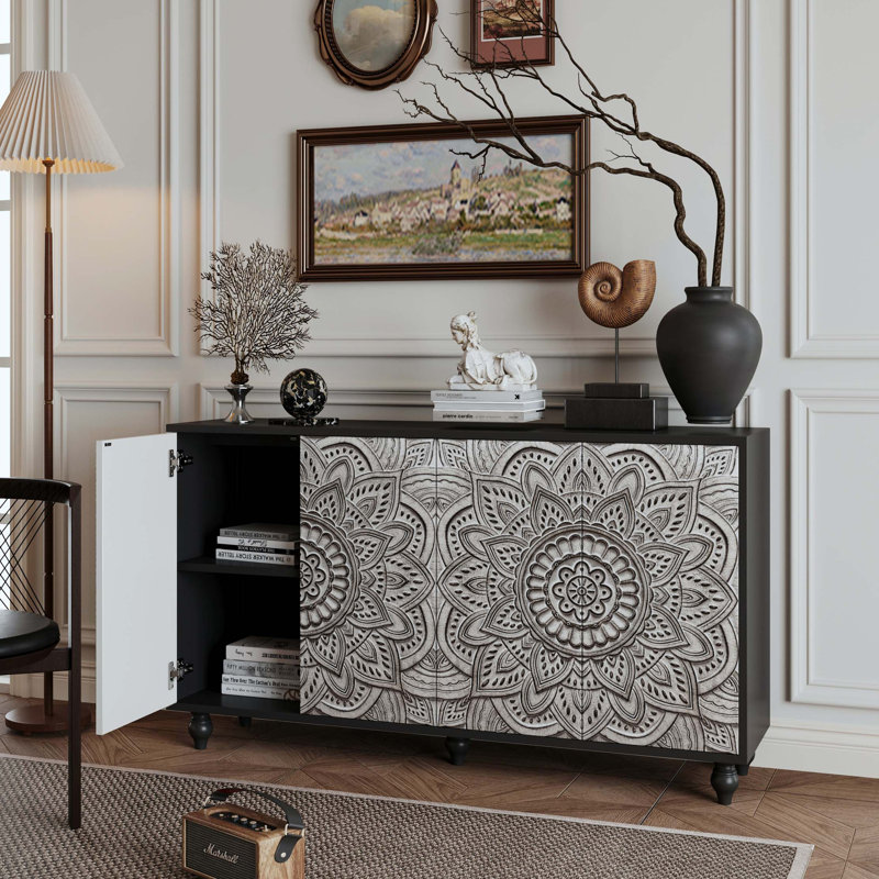 Boho Mandala 3D Embossed Sideboard Buffet Cabinet with Push-to-Open Design