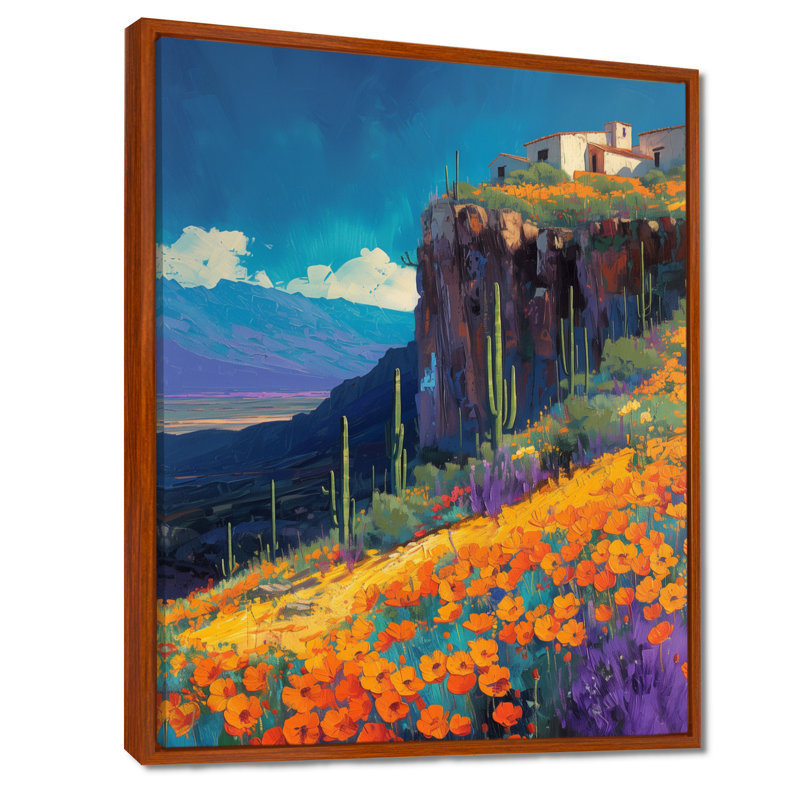 «Orange Blue Desert Cactus Landscape In Mexico III - Plants», reproduction d'art murale, Toile avec cadre flottant brun