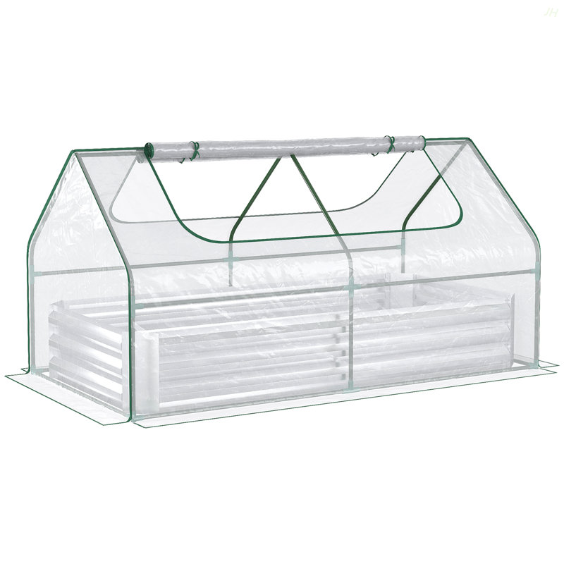 6' X 3' Galvanized Raised Garden Bed With Mini PVC Greenhouse Cover, Outdoor Metal Planter Box With 2 Roll-Up Windows For Growing Flowers, Fruits, Vegetables And Herbs, Silver