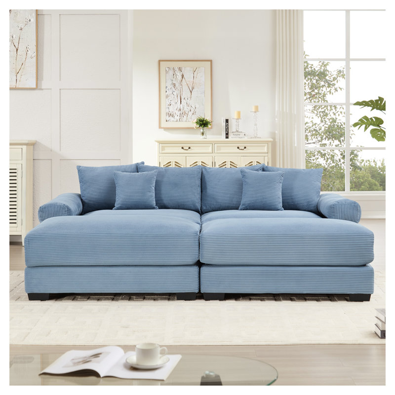Canapé modulaire surdimensionné en velours côtelé 82,6 po avec repose-pieds et canapé profond, Blue Corduroy
