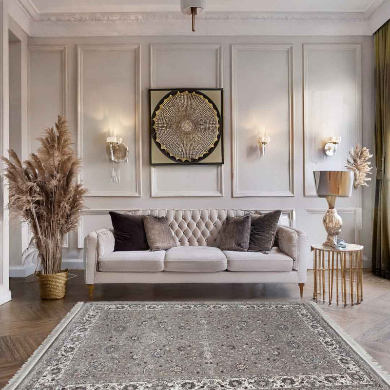 Minyatur Dark Gray & White Medallion Area Rug – Low-Pile 100% Viscose Woven Carpet, Traditional Design, Rectangle 80 x 150 cm