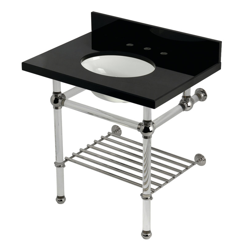 Kingston Brass Templeton 30-Inch Black Granite Console Sink with Acrylic Legs and Shelf (8-Inch, 3-Hole), Polished Nickel