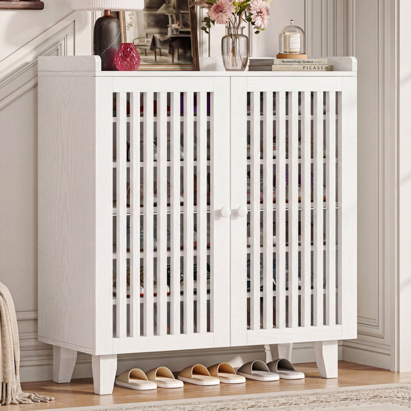 Range-chaussures à 6 niveaux avec portes à lattes et tablettes réglables, blanc, Blanc