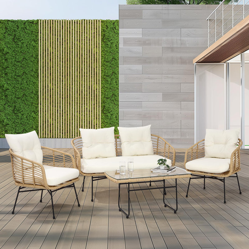Ensemble de mobilier modulaire de patio, ensemble de patio extérieur 4 pièces avec canapé, ensemble de conversation en rotin toutes saisons