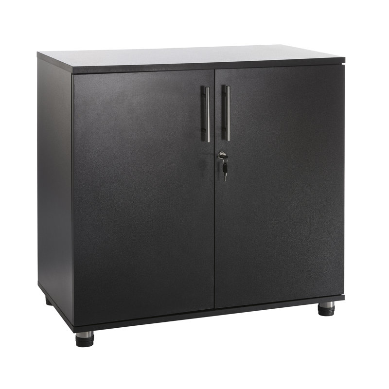 Marjorie Wood Storage Cabinet with Lock, 2 Door Locking File Tool Cabinet Cupboard with Adjustable Shelf, Black