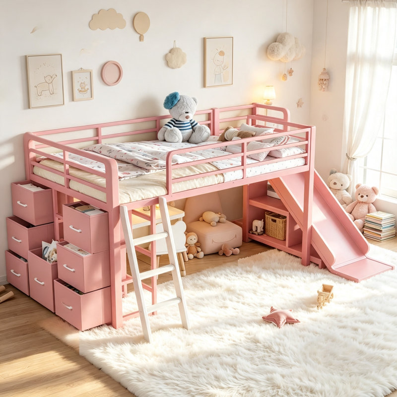 Lit mezzanine simple en métal avec glissière et échelle, lit mezzanine pour enfants avec tiroirs de rangement, tringle suspendue et lumières DEL - Cadre de lit peu encombrant pour les adolescents, rose