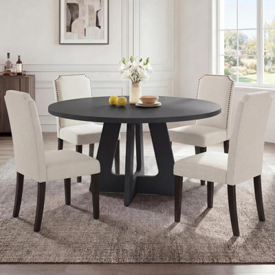3-Piece 47.24” Round Dining Table Set with 2 Upholstered Chairs – Space-Saving Kitchen Table for 4-6, Compact Dinette for Apartment & Small Space