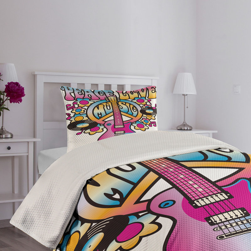 Colorful Peace Love Music Queen Quilted Bedspread Set