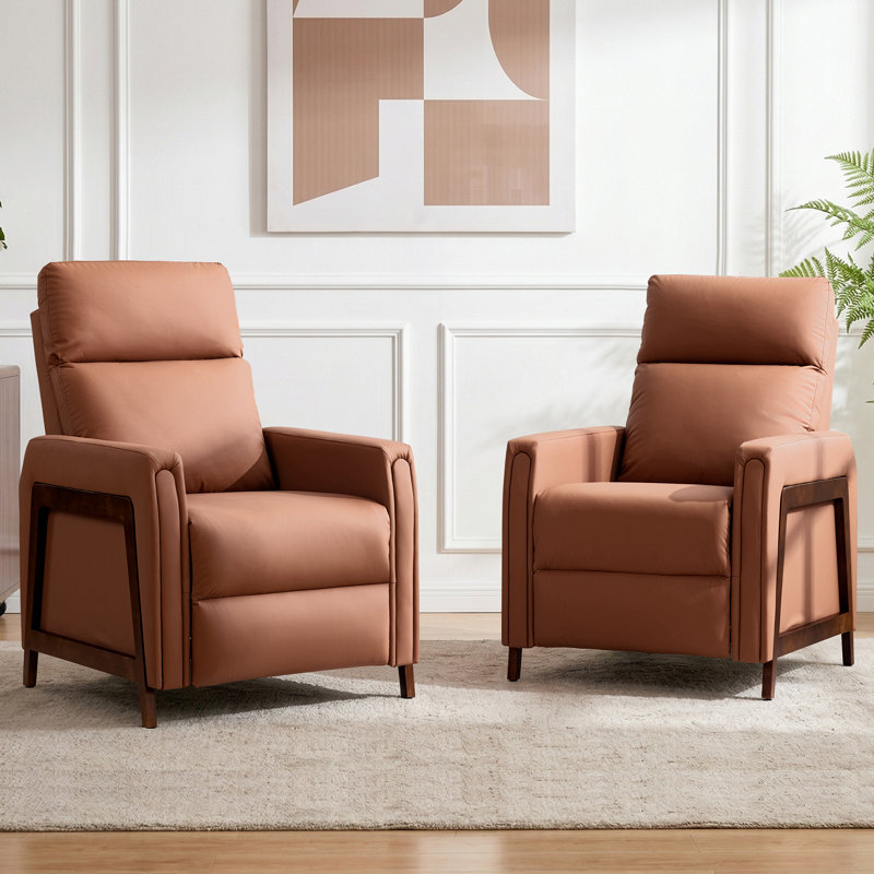Mid-Century Modern Push-Back Wood-Framed Leather Recliner, Brown