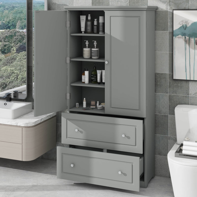 Large armoire de rangement autoportante pour salle de bain avec tablette en panneau de fibres à densité moyenne ajustable à 2 tiroirs, finition peinte grise