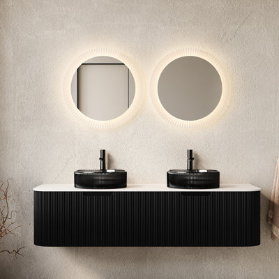 Meuble-lavabo de 60 po avec 2 tiroirs et lavabos en verre noir transparent, pré-assemblé, noir, armoire à rayures 3D, entretien facile des lavabos, fermeture silencieuse des tiroirs