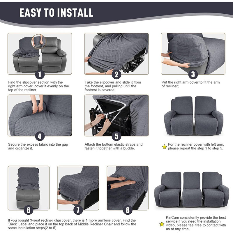 Housse pour canapé inclinable - Gris foncé - 3 places - Tissu jacquard extensible - Housse et protecteur de meubles