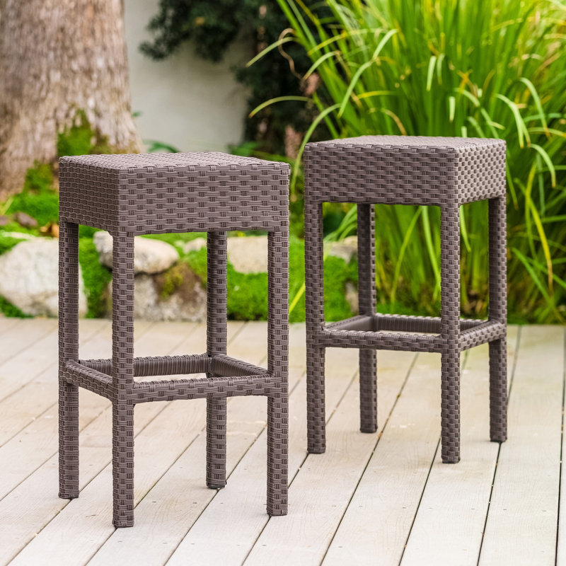 Chaises d'extérieur en brun foncé sans dossier en PE, pour sièges de patio 2 pièces, brun, structure en fer, intempéries et jardin