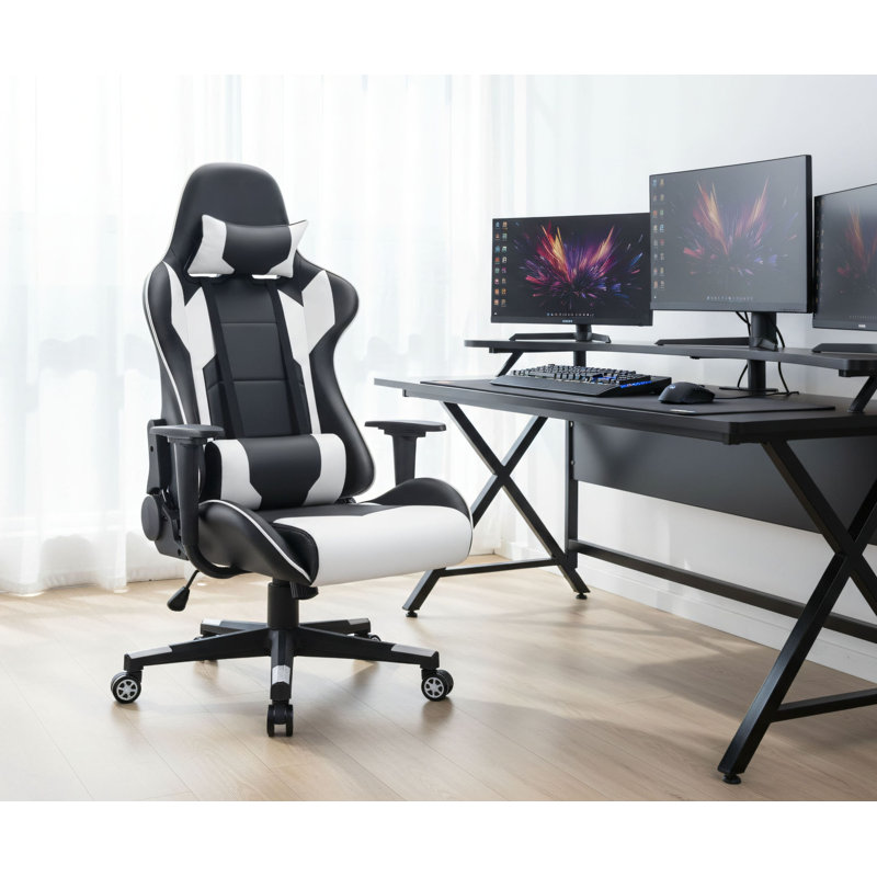 White Executive Ergonomic Chair, Adjustable Swivel With Headrest And Lumbar Support, High-Back Computer Chair For Office, Gaming, And Racing.