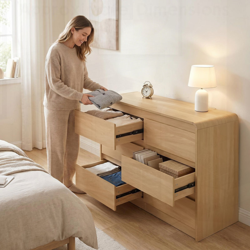 Commode moderne à 6 tiroirs avec comptoir spacieux, poignées dissimulées et coins arrondis pour le rangement de la chambre à coucher et du salon