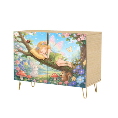 Modern Whimsical Fairy Sleeping Tree Forest Animals Flowers Sideboard Buffet Cabinet with 2 Concealed Storage Doors Accent Console Cabinet Space-Saving Freestanding Storage Furniture for Living Room Kitchen Entryway and Coffee Bar