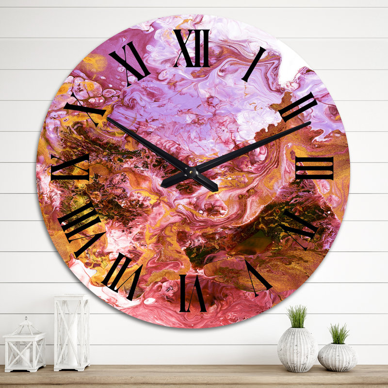 Horloge murale moderne rose avec marbre liquide doré, Grand