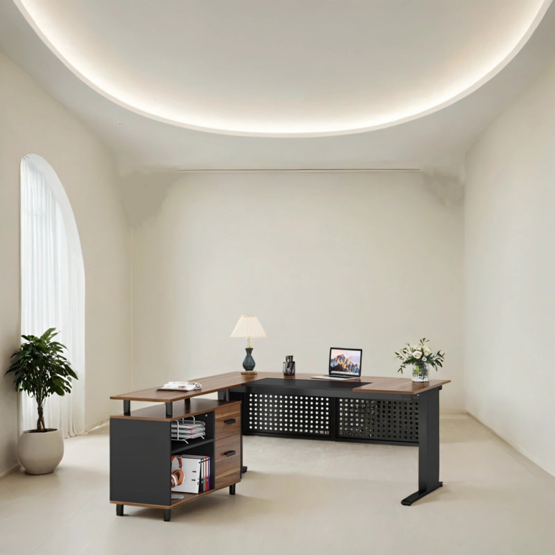 Bureau en L avec classeur, Noir / brun