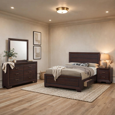 Bello 4pc Queen Size Bedroom Set, Underbed Drawers, Dark Cocoa Brown