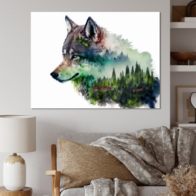 Double exposition d'un loup avec un paysage de forêt - loup