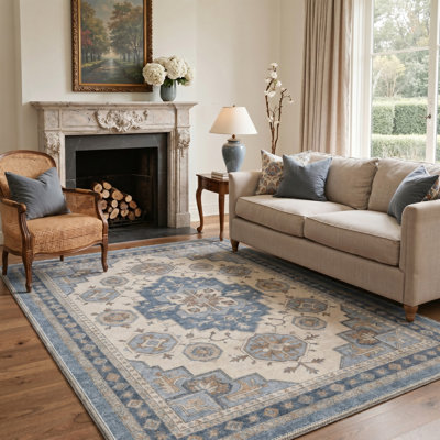 Tapis traditionnel oriental bleu / ivoire à poils courts et antidérapant
