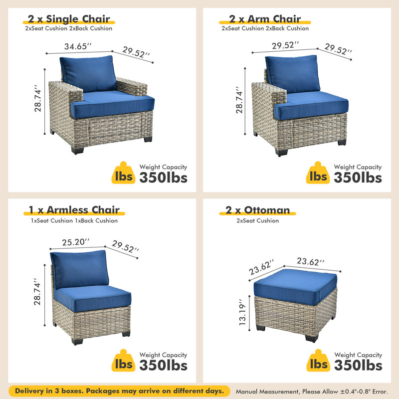 7 - Person Rattan Outdoor Seating Group with Cushions, Navy