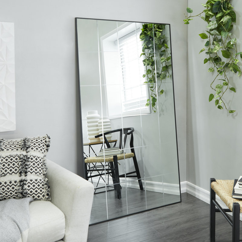 Glass Grid Style Panel Black Wall Mirror, 37"L x 1"D x 67"H