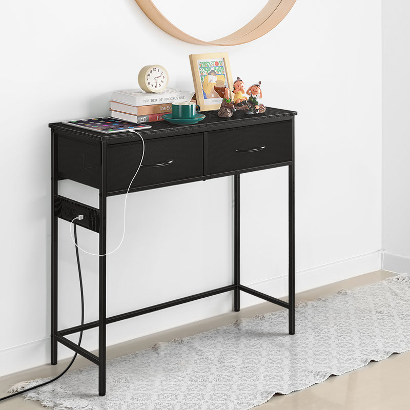 Black Entryway Console Table With 2 Fabric Drawers, Power Outlet & Metal Hook, Narrow Sofa Table