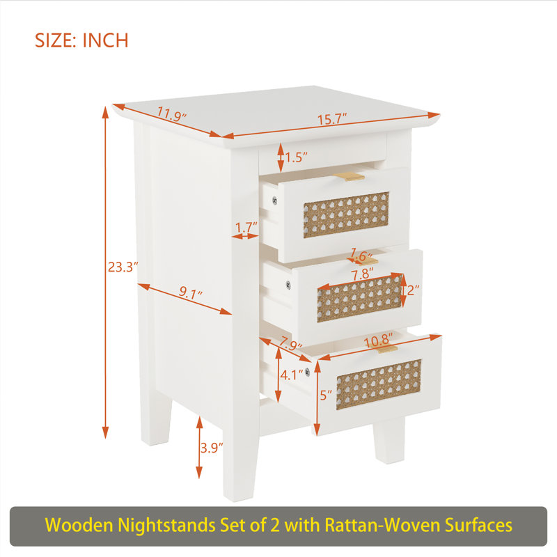Nightstands Set Of 2 With Rattan-Woven Surfaces And Three Drawers, Exquisite Elegance With Storage Solutions For Bedroom