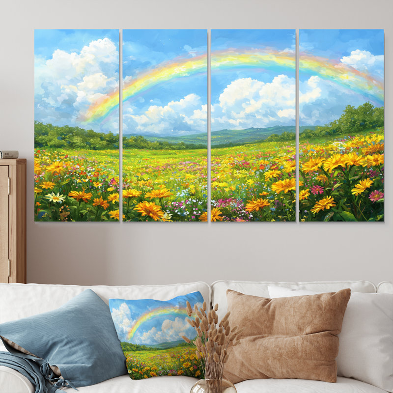Arc-en-ciel dans le champ de fleurs sauvages - art mural arc-en-ciel - ensemble d'art mural traditionnel, H 28 po x l 48 po